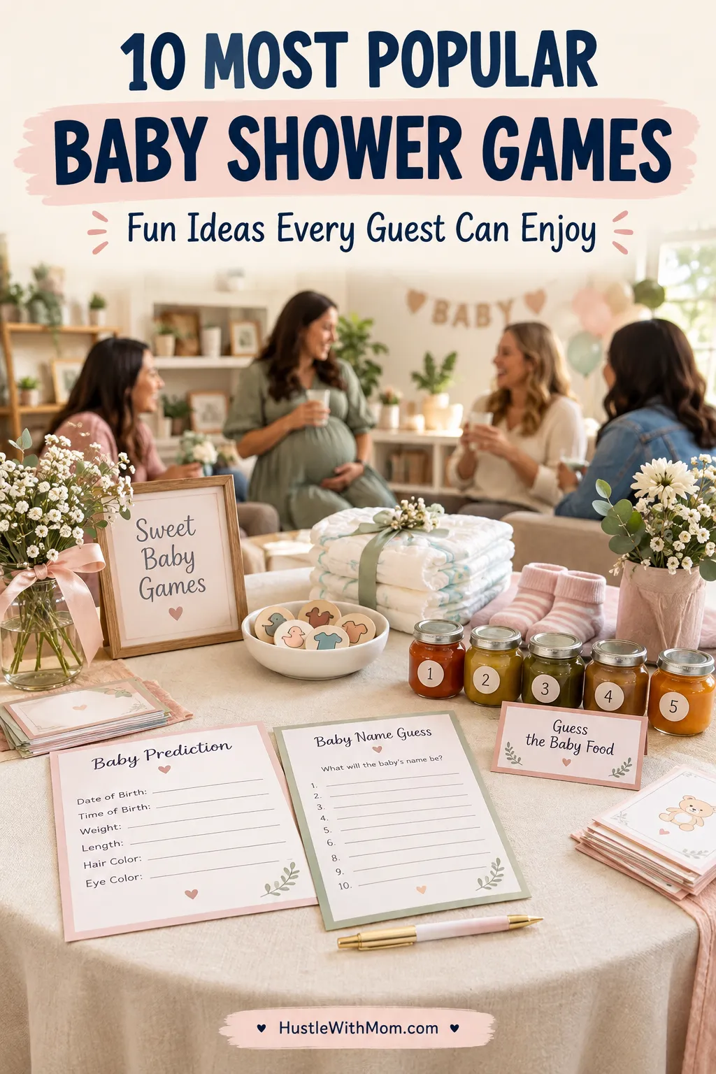 A baby shower table decorated with baby prediction cards, guessing game sheets, tiny baby socks, and soft pink and sage decorations, with a headline about popular baby shower games.