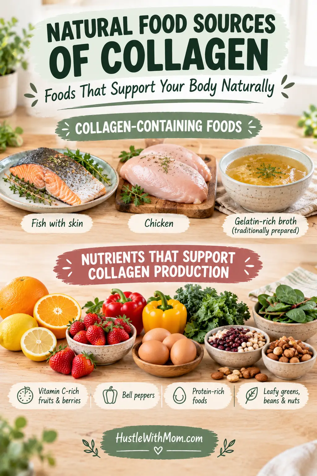 Balanced food spread featuring fish, chicken, eggs, citrus fruits, strawberries, and vegetables for collagen-related nutrition.