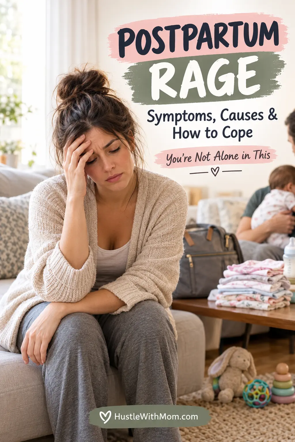 Emotionally overwhelmed new mother sitting at home while experiencing postpartum anger and exhaustion