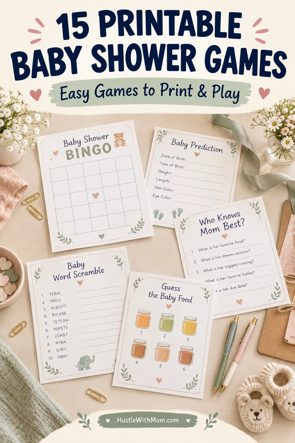Printable baby shower bingo, prediction sheets, a mom trivia quiz, and other game worksheets arranged with pens and stationery on a cream tabletop.