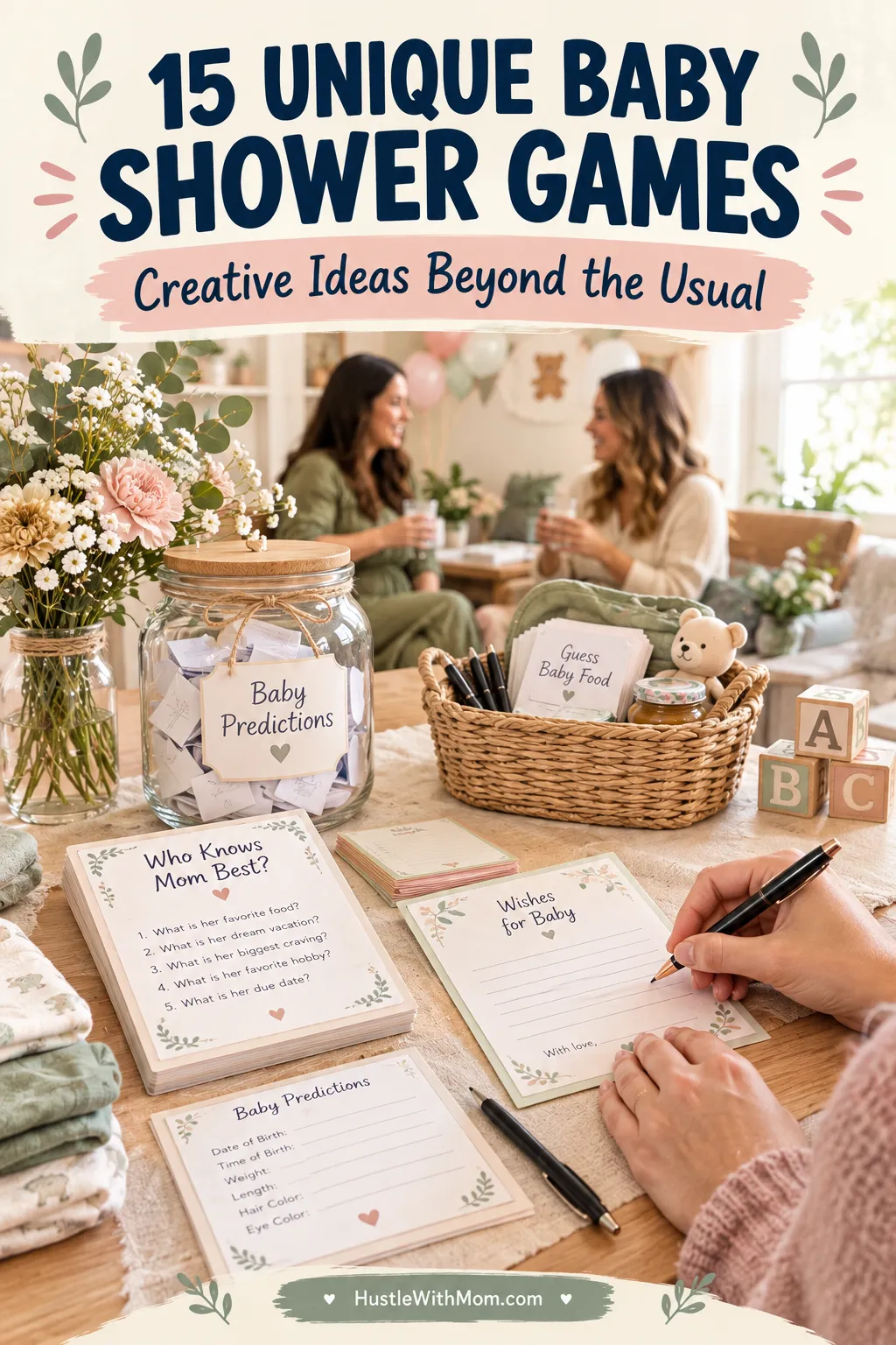 A creative baby shower activity station with prediction slips, wishes-for-baby cards, alphabet blocks, a glass jar, and pens on a neutral table.