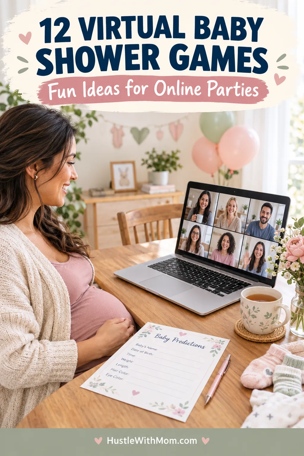 A pregnant woman smiling during a virtual baby shower on her laptop, with baby prediction sheets, a pen, baby socks, and simple decorations on the table.
