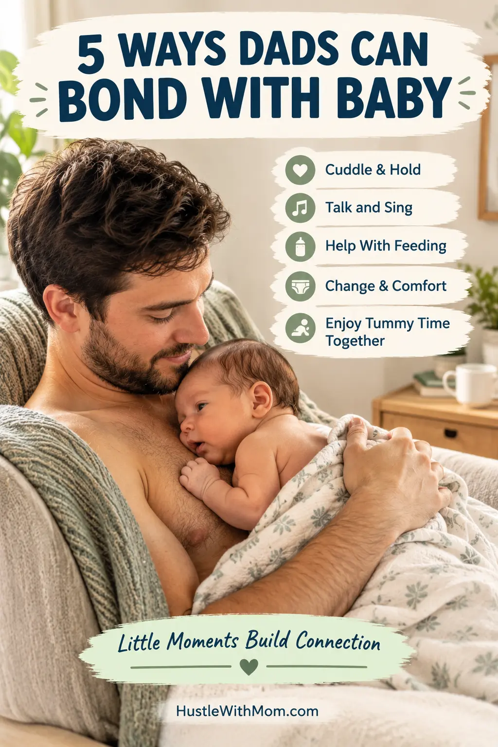 Father practicing skin-to-skin contact with his newborn while learning simple father-baby bonding activities.