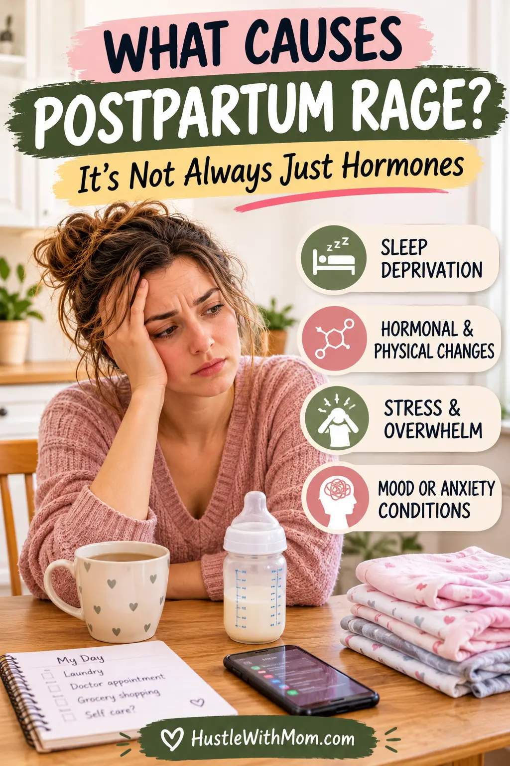 Exhausted new mother at home reflecting on stress, sleep deprivation, and possible causes of postpartum rage.