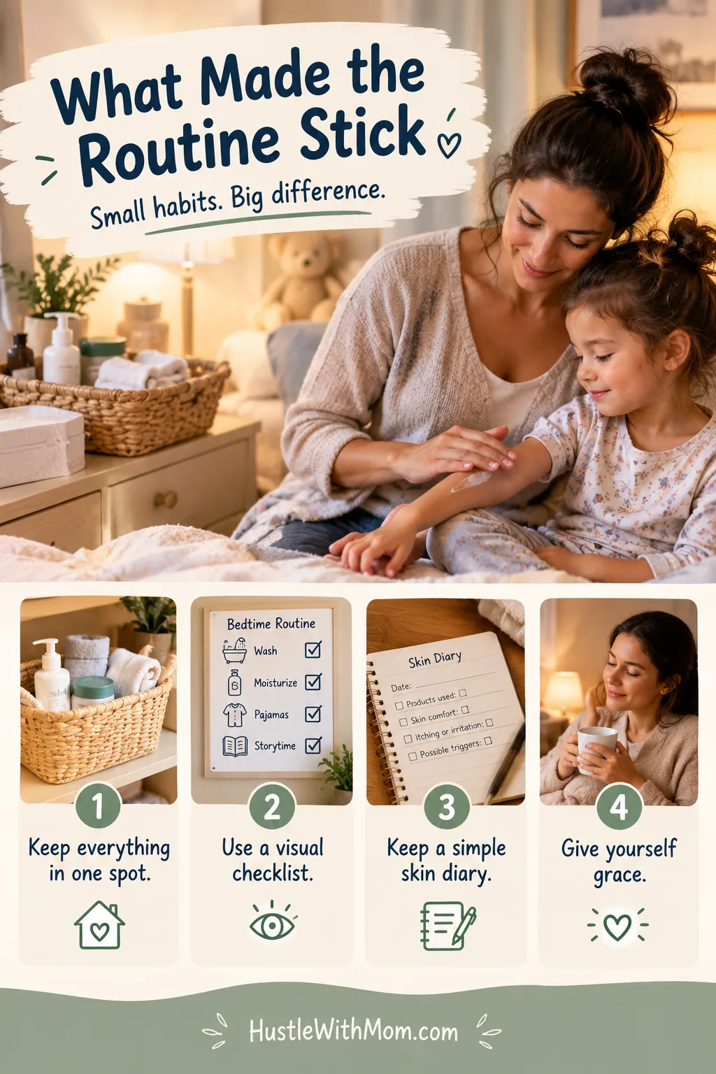 Mother sitting beside her sleeping child after completing a gentle evening skincare routine, representing patience and support for parents.