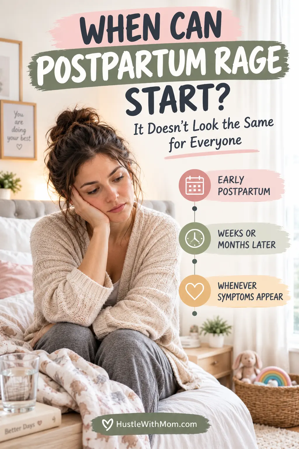 New mother taking a quiet moment at home while learning about the possible timing of postpartum rage.