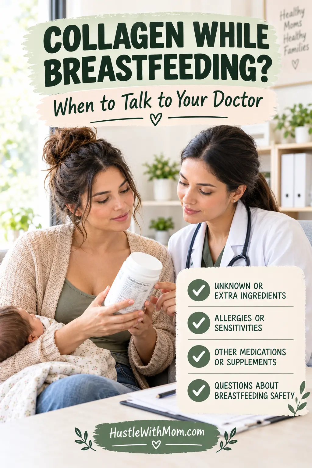 Breastfeeding mother discussing a collagen supplement's ingredients with a healthcare professional.