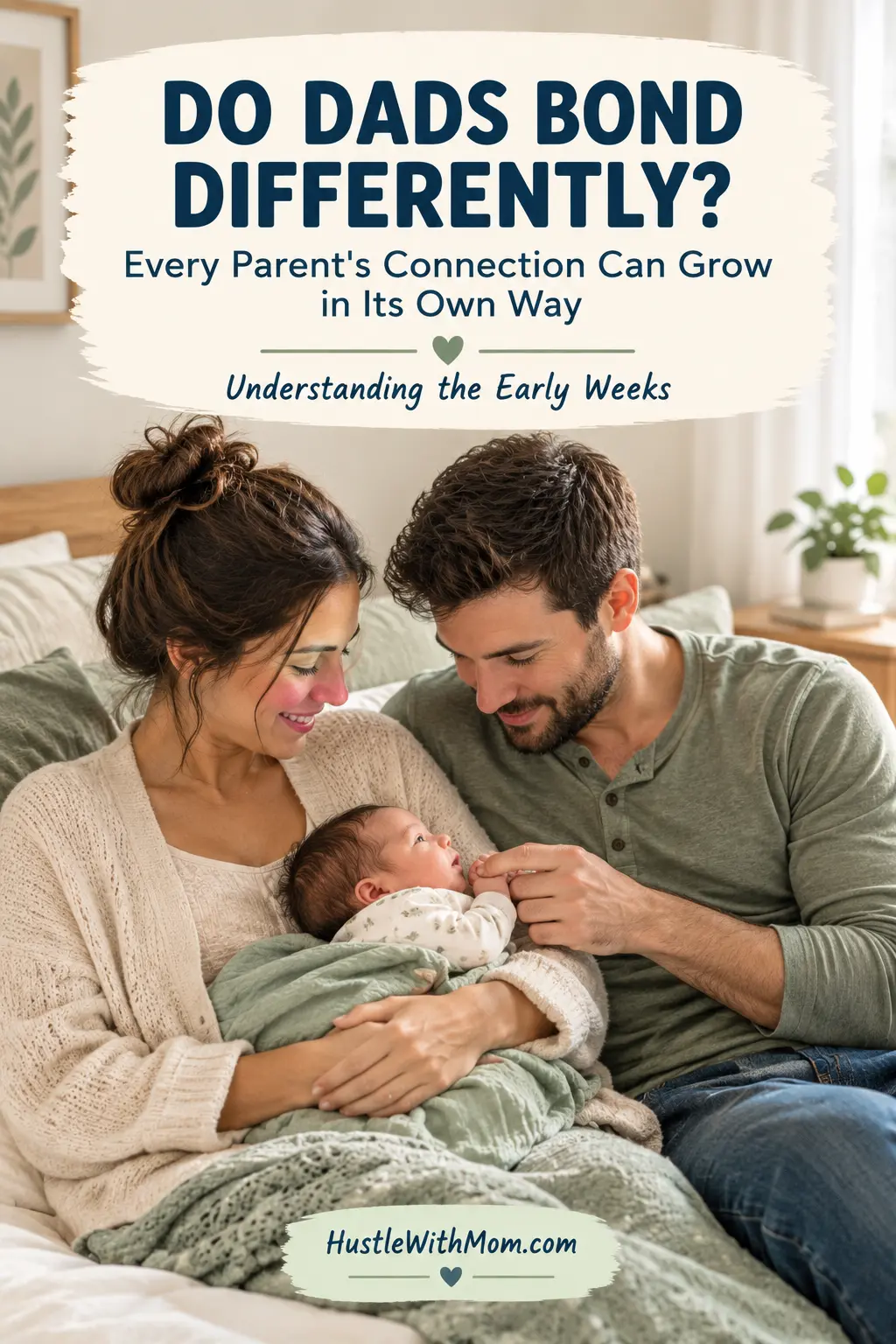 New parents sitting together with their newborn as the father begins building his own connection with the baby.